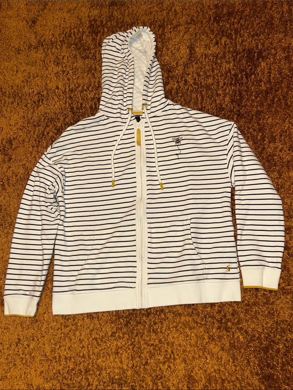 Joules White and Navy Striped Zip Hoodie with Yellow Accents